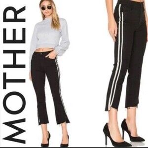 MOTHER Insider Striped Crop Step-Hem Jeans Fray High Rise Guilty Racer Jean